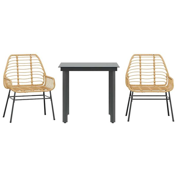 vidaXL Juego de comedor jard&iacute;n 3 piezas rat&aacute;n sint&eacute;tico vidrio marr&oacute;n