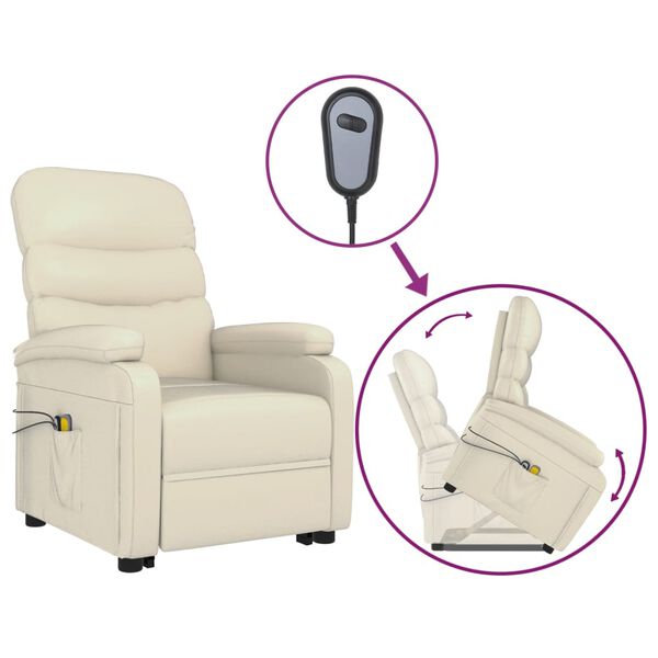 vidaXL Sill&oacute;n de masaje elevable cuero sint&eacute;tico blanco crema