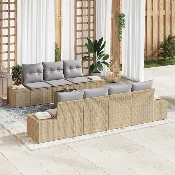 vidaXL Conjunto de sof&aacute; de jard&iacute;n 8 pcs Beige y gris rat&aacute;n sint&eacute;tico