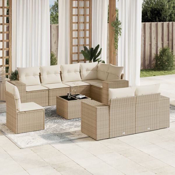 vidaXL Set de sof&aacute;s de jard&iacute;n 9 pzas con cojines rat&aacute;n sint&eacute;tico beige