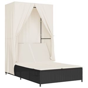 vidaXL Tumbona doble con techo y cortinas rat&aacute;n sint&eacute;tico negro