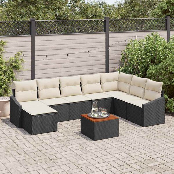 vidaXL Conjunto de sof&aacute; de jard&iacute;n con coj&iacute;n 9 pcs Negro Polirat&aacute;n