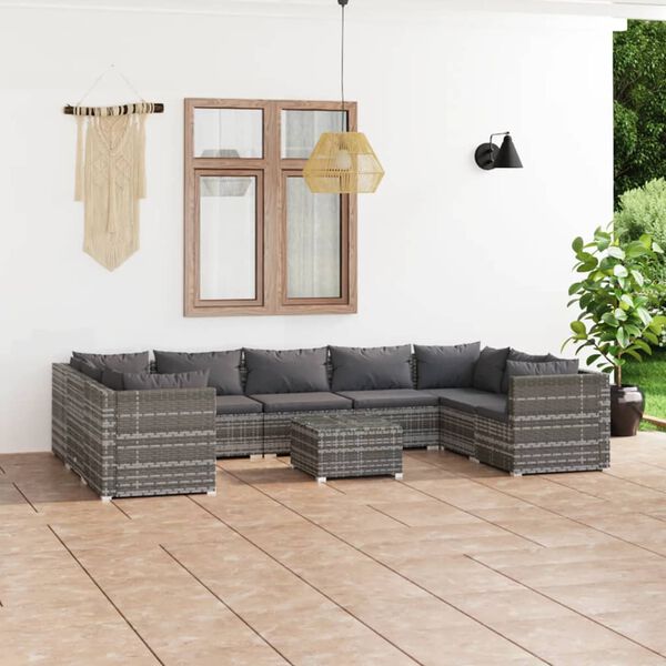 vidaXL Set de muebles de jard&iacute;n 10 pzas y cojines rat&aacute;n sint&eacute;tico gris