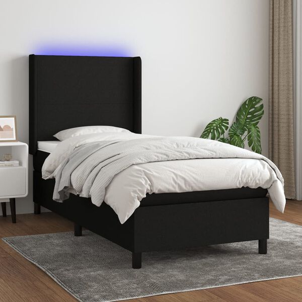 vidaXL Cama box spring colch&oacute;n y luces LED tela negro 90x200 cm