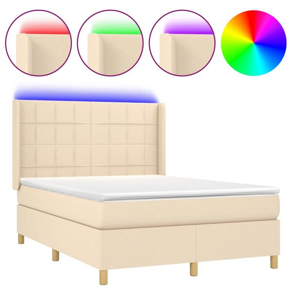 vidaXL Cama box spring colch&oacute;n y luces LED tela crema 140x190 cm