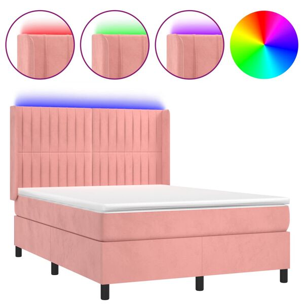 vidaXL Cama box spring colch&oacute;n y LED terciopelo rosa 140x200 cm