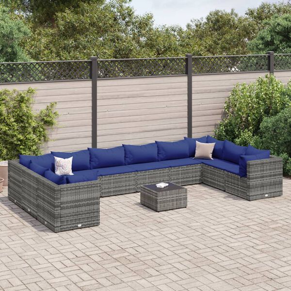 vidaXL Set de muebles de jard&iacute;n 11 pzas y cojines rat&aacute;n sint&eacute;tico gris