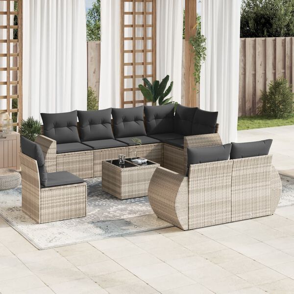 vidaXL Set muebles jard&iacute;n 9 pzas y cojines rat&aacute;n sint&eacute;tico gris claro