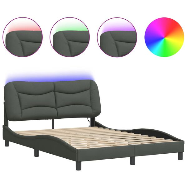 vidaXL Estructura de cama con LED sin colch&oacute;n Hvar tela gris oscuro 140x190 cm