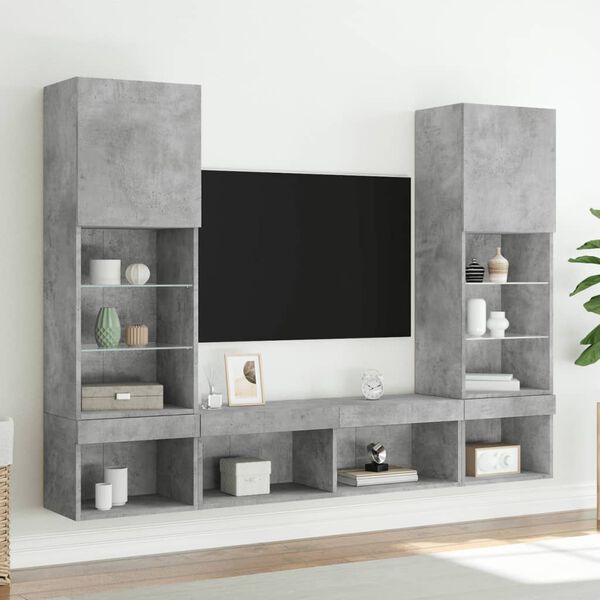 vidaXL Muebles TV pared con LED 5 pzas madera ingeniería gris hormigón