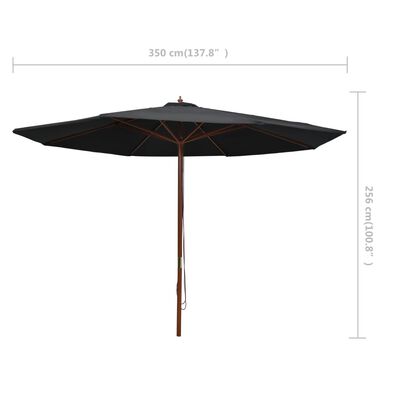 vidaXL Sombrilla de jardín con palo de madera negro 350 cm