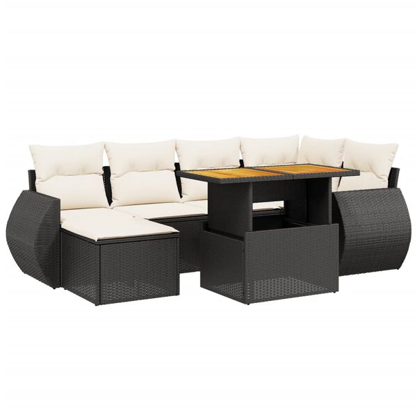 vidaXL Set de comedor de jard&iacute;n 7 pzas y cojines rat&aacute;n sint&eacute;tico negro