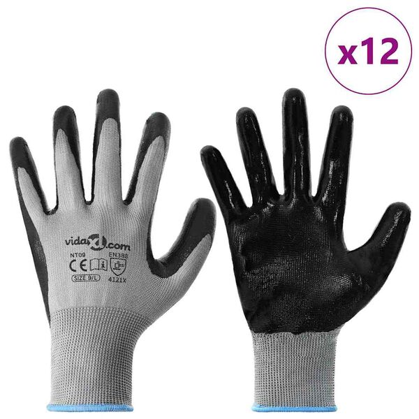 vidaXL Guantes de Trabajo 12 pcs Gris y Negro 9 / l Poli&eacute;ster