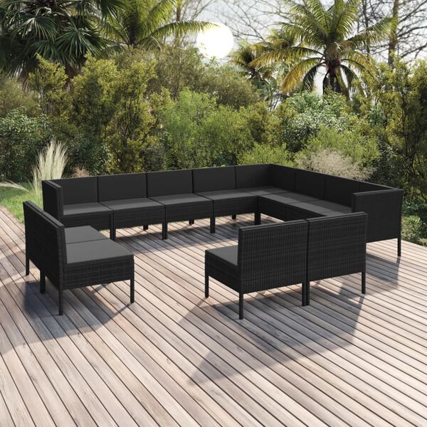 vidaXL Set de muebles de jard&iacute;n 12 pzas cojines rat&aacute;n sint&eacute;tico negro