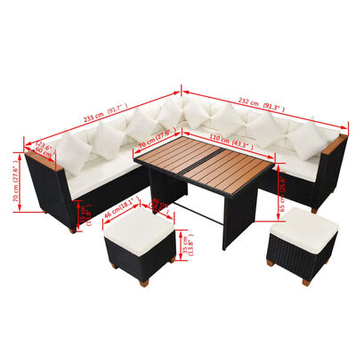 vidaXL Set muebles de jardín 7 piezas y cojines ratán sintético negro