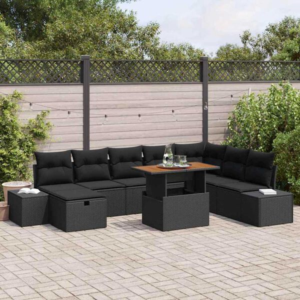 vidaXL Conjunto de sof&aacute; de jard&iacute;n 9 pcs Negro Polirat&aacute;n