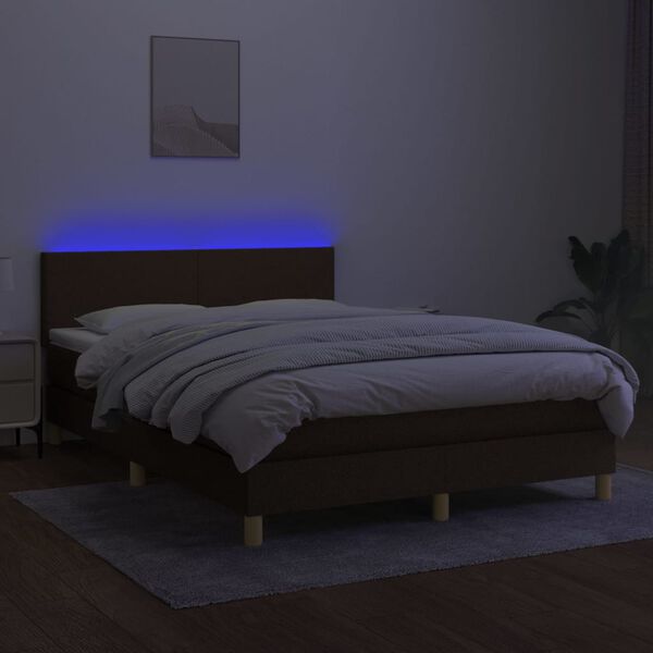 vidaXL Cama box spring colch&oacute;n luces LED tela marr&oacute;n oscuro 140x190 cm