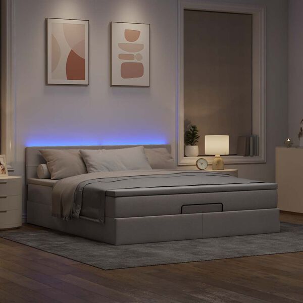 vidaXL Cama otomana con colch&oacute;n y luces LED tela gris taupe 180x200cm