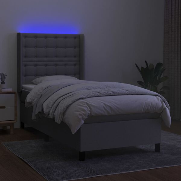 vidaXL Cama box spring colch&oacute;n y luces LED tela gris claro 90x200 cm