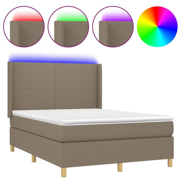 vidaXL Cama box spring colch&oacute;n y luces LED tela gris taupe 140x200 cm