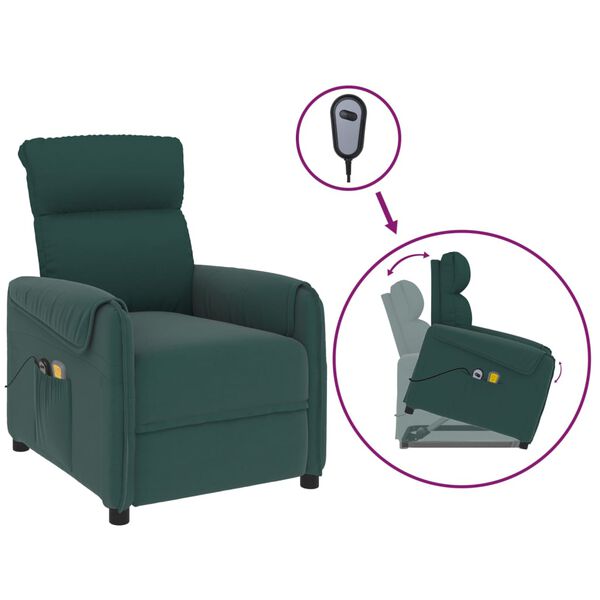 vidaXL Sill&oacute;n de masaje elevable tela verde oscuro