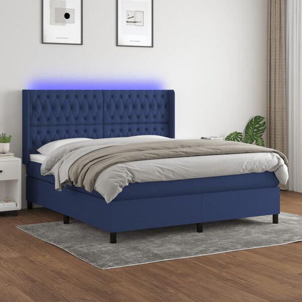 vidaXL Cama box spring colch&oacute;n y luces LED tela azul 160x200 cm