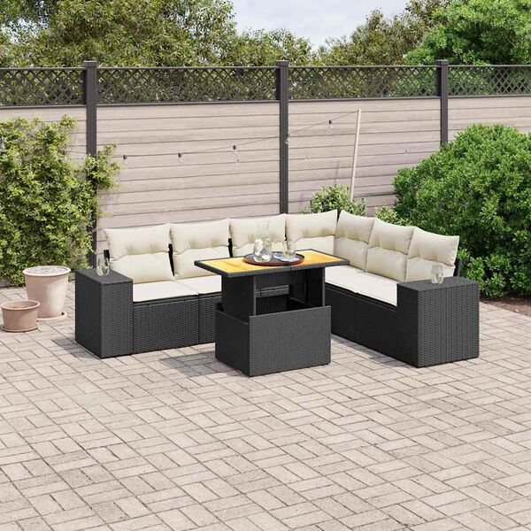 vidaXL Set de comedor de jard&iacute;n 7 pzas y cojines rat&aacute;n sint&eacute;tico negro