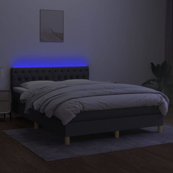 vidaXL Cama box spring colch&oacute;n y luces LED tela gris oscuro 140x200 cm