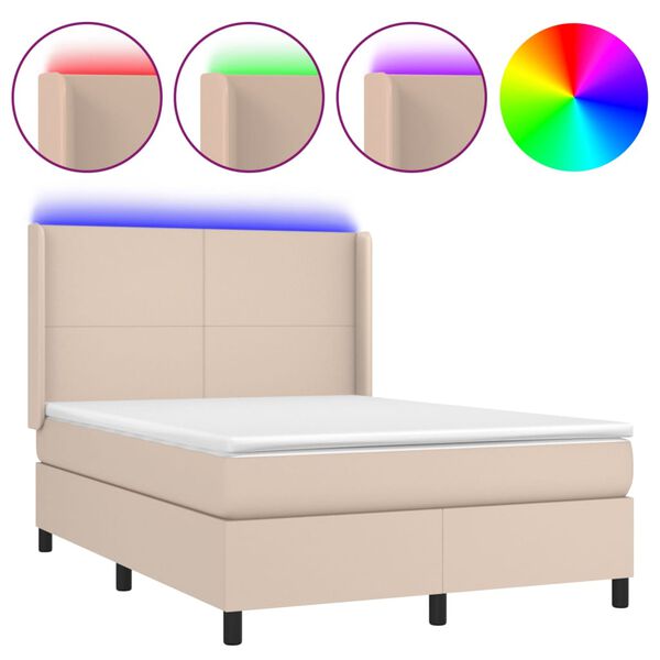 vidaXL Cama box spring colch&oacute;n LED cuero sint&eacute;tico capuchino 140x200cm