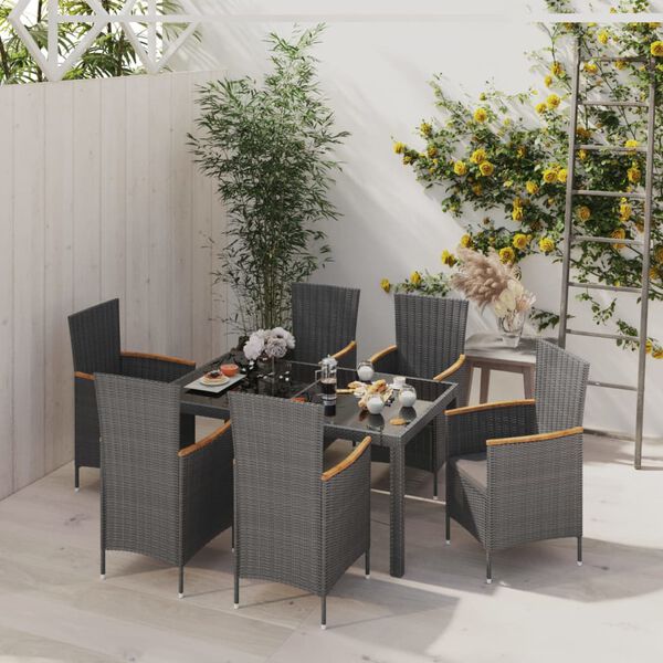 vidaXL Set de comedor jard&iacute;n 7 pzas cojines rat&aacute;n sint&eacute;tico negro gris