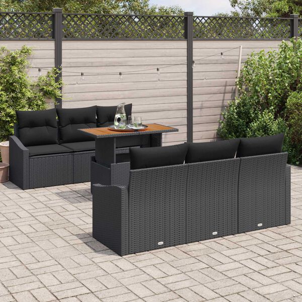 vidaXL Conjunto de sof&aacute; de jard&iacute;n 7 pcs Negro Polirat&aacute;n