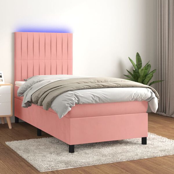 vidaXL Cama box spring colch&oacute;n y LED terciopelo rosa 90x200 cm
