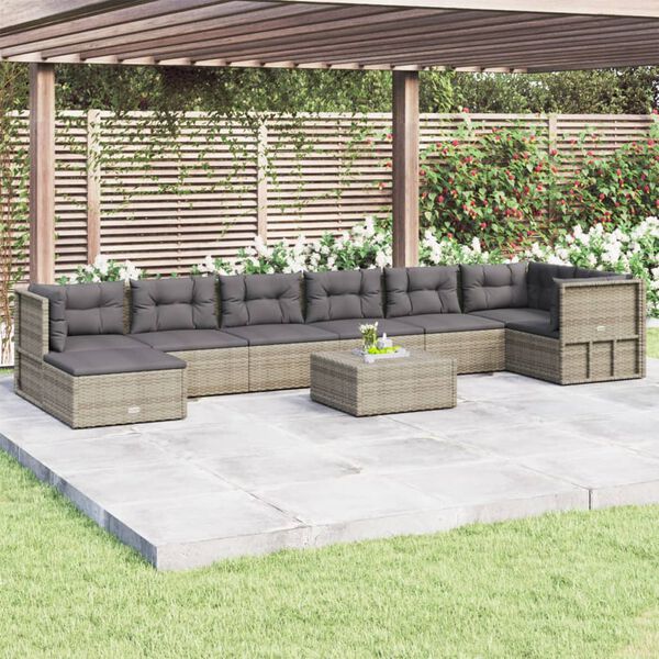 vidaXL Set de muebles de jardín 8 pzas y cojines ratán sintético gris