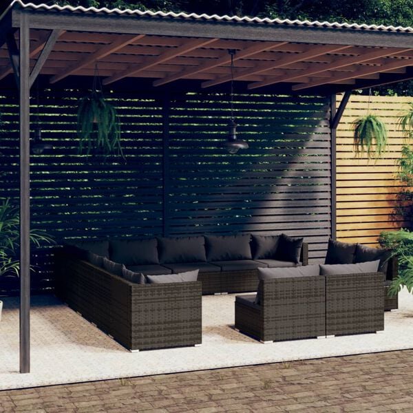 vidaXL Set muebles de jard&iacute;n 13 piezas y cojines rat&aacute;n sint&eacute;tico gris