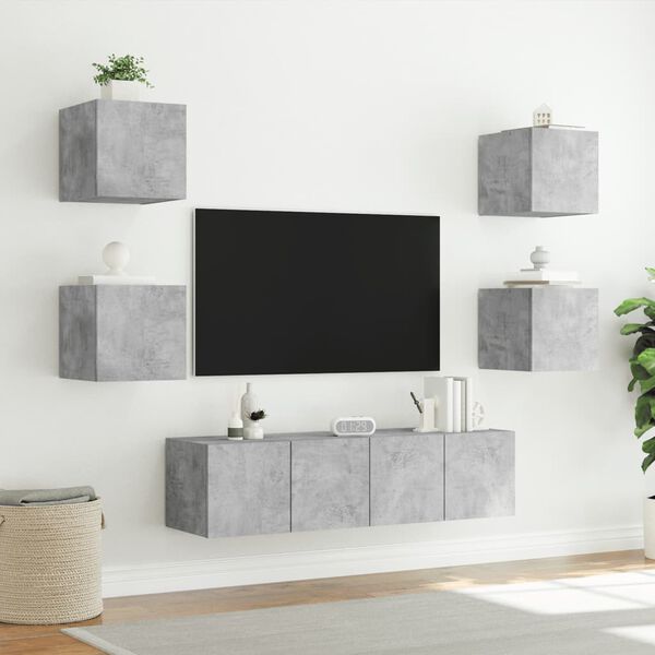 vidaXL Muebles TV pared con LED 6 pzas madera ingenier&iacute;a gris hormig&oacute;n