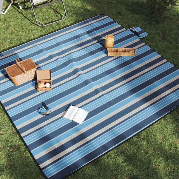 vidaXL Manta de picnic plegable terciopelo rayas azul blanco 200x200cm