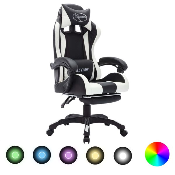 vidaXL Silla gaming con luces LED RGB cuero sint&eacute;tico blanco y negro