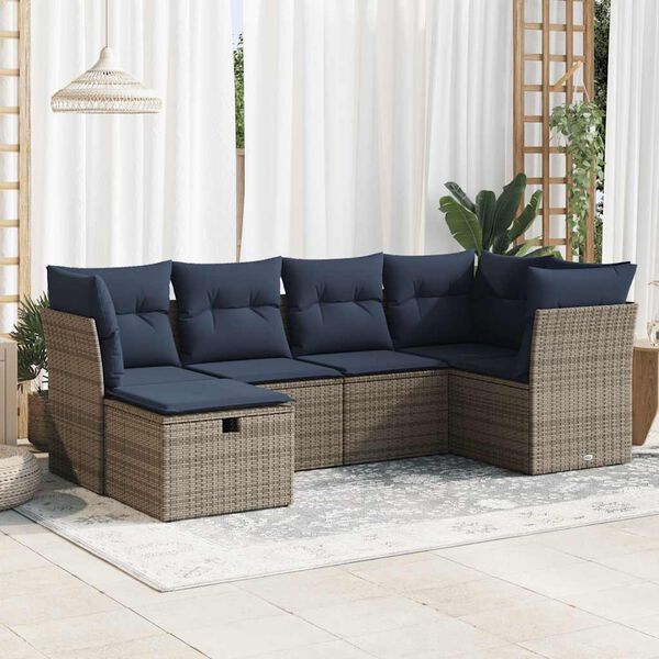 vidaXL Set de muebles de jard&iacute;n 6 pzas y cojines rat&aacute;n sint&eacute;tico gris