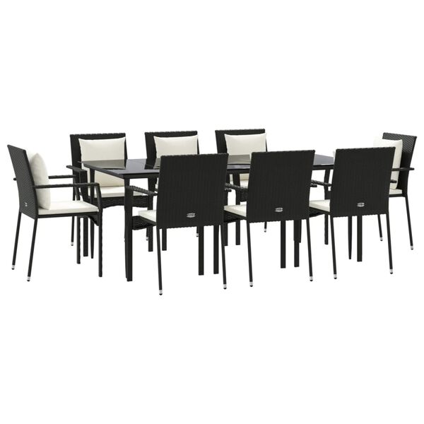 vidaXL Set de comedor de jard&iacute;n 9 pzas y cojines rat&aacute;n sint&eacute;tico negro