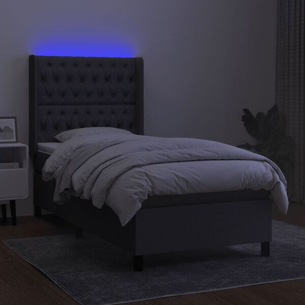 vidaXL Cama box spring colch&oacute;n y luces LED tela gris oscuro 90x200 cm