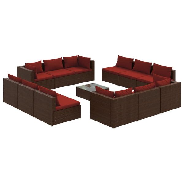 vidaXL Set muebles de jard&iacute;n 13 pzas y cojines rat&aacute;n sint&eacute;tico marr&oacute;n