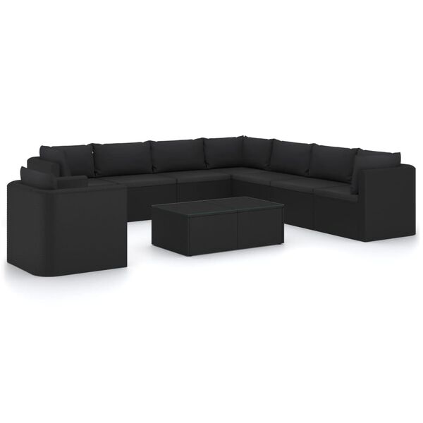vidaXL Set de muebles de jard&iacute;n 10 pzas cojines rat&aacute;n sint&eacute;tico negro