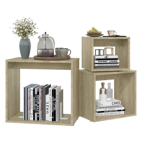 vidaXL Mesas apilables 3 piezas madera contrachapada roble Sonoma