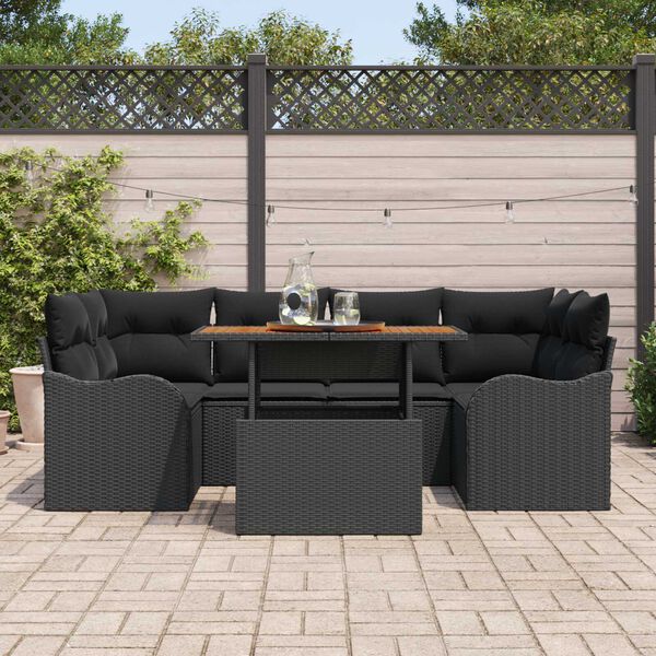 vidaXL Conjunto de sof&aacute; de jard&iacute;n 7 pcs Negro Polirat&aacute;n