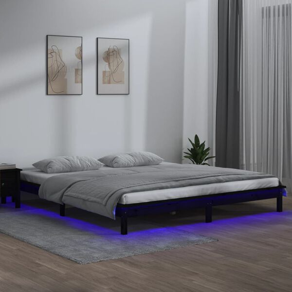 vidaXL Estructura de cama con LED madera maciza negra 160x200 cm