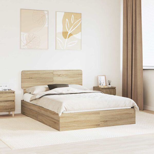 vidaXL Cama con almacenamiento con cabecera Roble Sonoma 140 x 190 cm