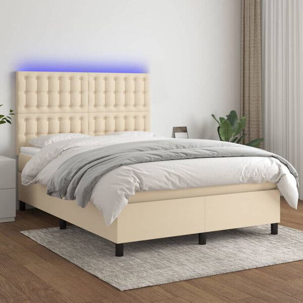 vidaXL Cama box spring colch&oacute;n y luces LED tela crema 140x190 cm