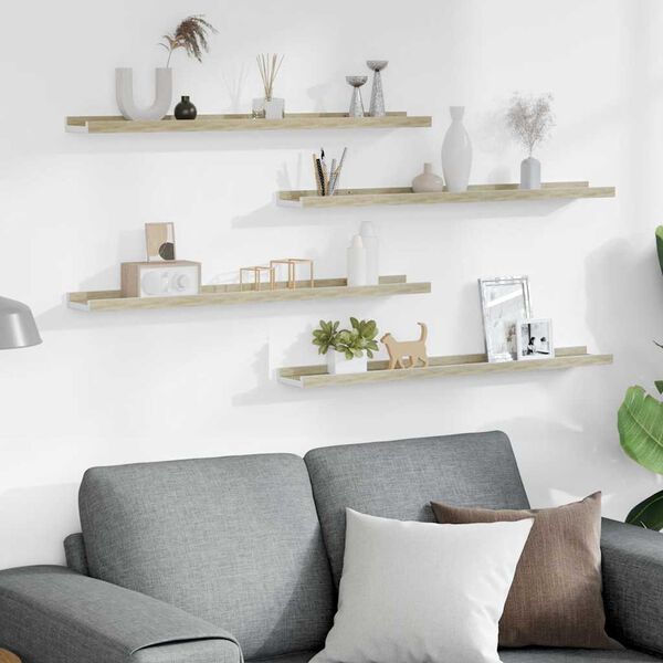 vidaXL Estantes de pared 4 unidades blanco y roble Sonoma 80x9x3 cm