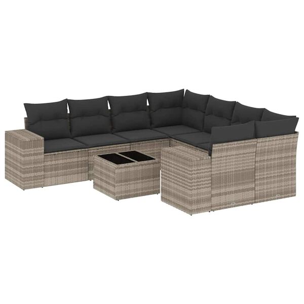 vidaXL Set muebles jard&iacute;n 9 pzas y cojines rat&aacute;n sint&eacute;tico gris claro