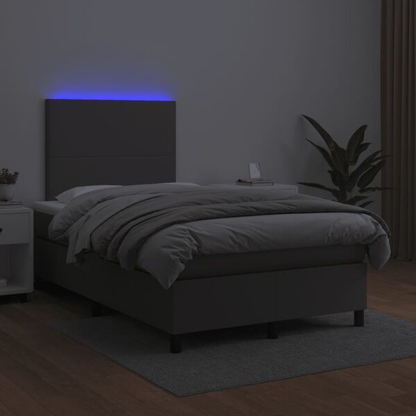 vidaXL Cama box spring con colch&oacute;n LED cuero sint&eacute;tico gris 120x190 cm